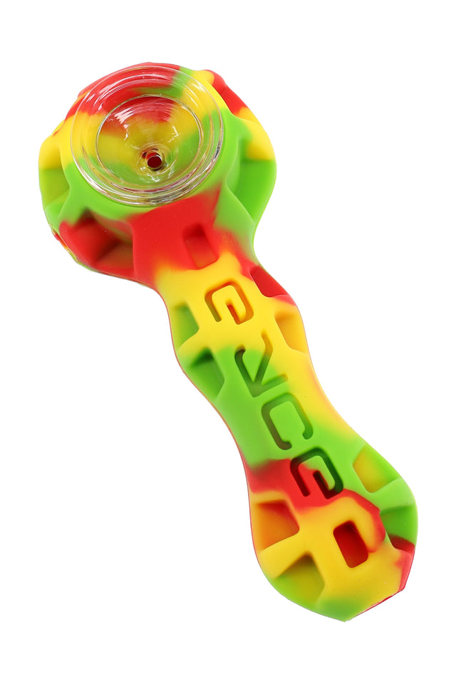 EYCE silicone hand pipe with clear glass bowl insert, red yellow green swirl body and textured grip