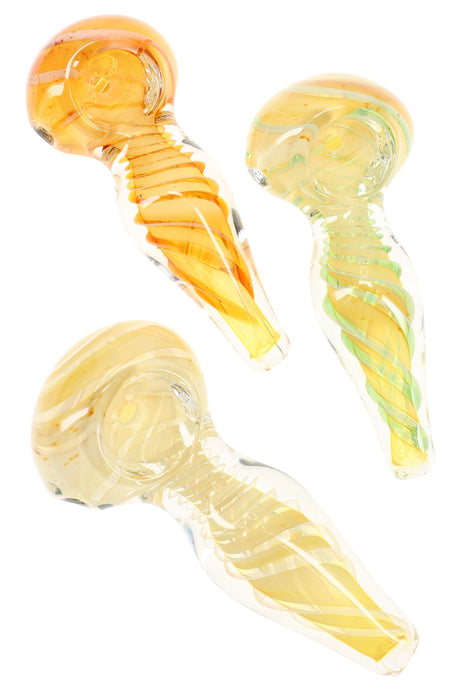 Three assorted color-changing spiral stripe glass spoon pipes in mixed accent colors, compact 3″ hand pipe size