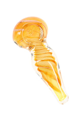 Small color-changing glass spoon pipe with orange spiral stripe wrap and rounded bowl, compact 3″ dry-herb design