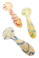 Assorted 4 inch silver fumed glass spoon pipes with blue, green, and pink spiral stripe accents