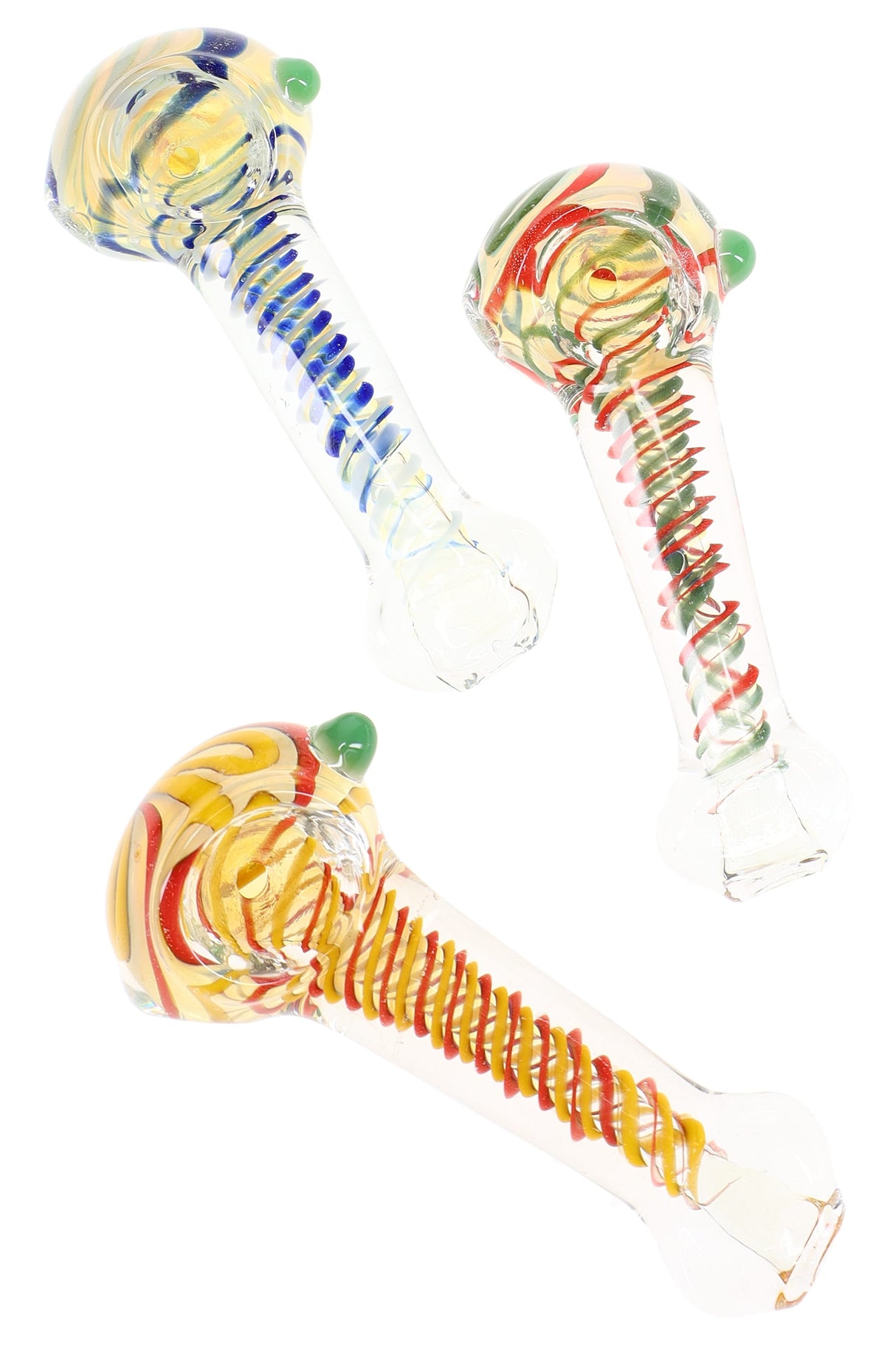 Assorted color-changing spiral striped glass spoon pipes with marble accents in mixed colors, compact 3½″ dry-herb size