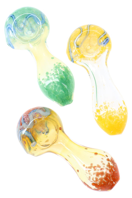 Three 3.5-inch frit striped color-changing glass spoon pipes in green, yellow and amber tones displayed on white background