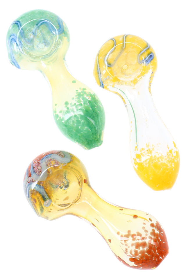Three 3.5-inch frit striped color-changing glass spoon pipes in green, yellow and amber tones displayed on white background