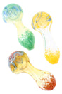 Three 3.5-inch frit striped color-changing glass spoon pipes in green, yellow and amber tones displayed on white background