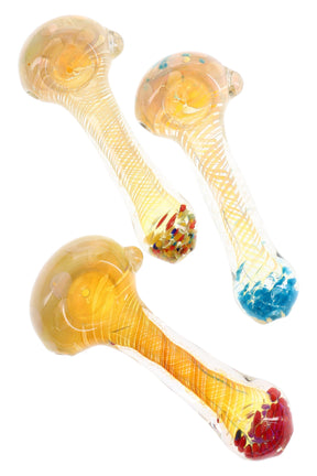 4½-inch silver-fumed color-changing glass spoon with spiral ribbon stem, frit mouthpiece, and bubble bowl accents, shown in assorted colors.