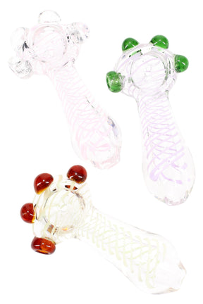 4″ clear glass hand pipe with neon spiral stripe and raised marble grips around the bowl; compact spoon style in assorted colors.