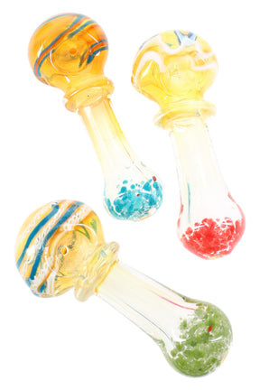 4½″ color-changing frit multicolor striped glass hand pipe; sturdy 115 g spoon delivers smooth, pocket-ready dry herb hits with bold rainbow styling.