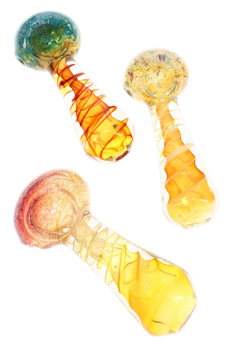 Three assorted gold fumed frit glass hand pipes “Amber Helix” showing varied bowl colors and spiral accents