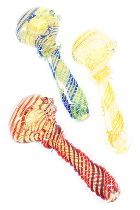 Front-angled view of 4-inch color-changing glass spoon pipe with rainbow spiral stripes and raised ring grip, displayed on white background.