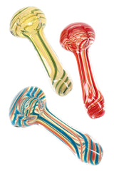 Assorted color-changing swirl stripe glass spoon pipes in red, green, and multicolor designs with rounded bowls