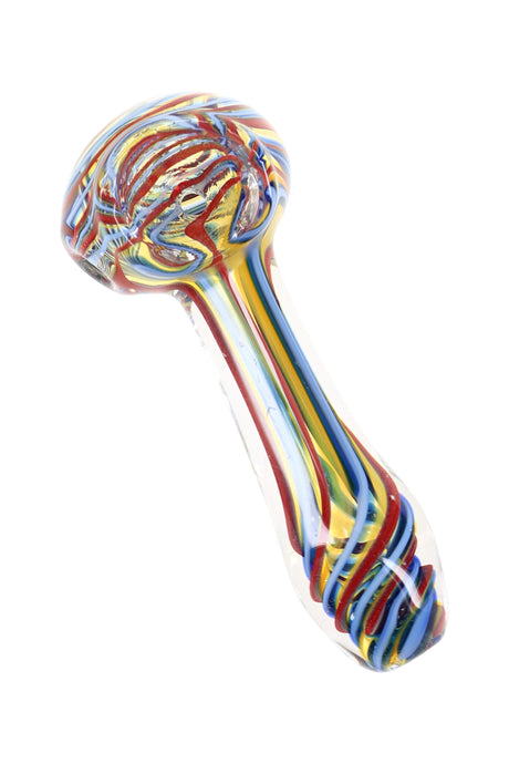 Colorful swirl-striped color-changing glass spoon pipe with multicolor lines and rounded bowl, compact dry-herb piece