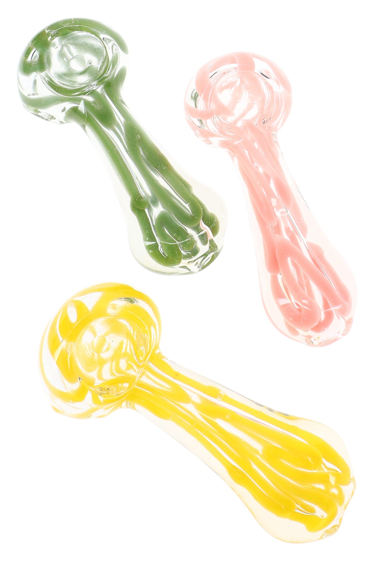 Three clear squiggle-striped glass spoon pipes in assorted green, pink, and yellow accents with rounded bowls