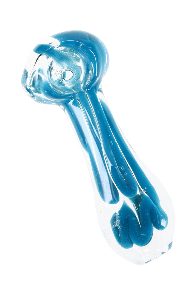 Blue-accent clear glass spoon pipe with squiggle stripe detail and rounded bowl, compact 3½″ hand pipe size