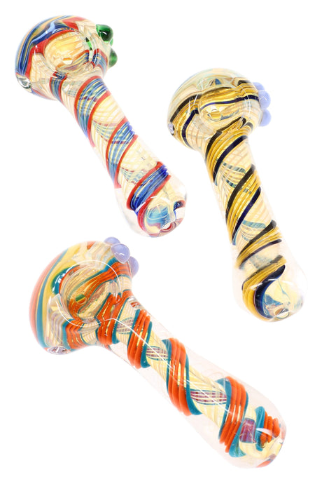 4.5 inch color changing swirl striped glass hand pipe with raised marble grips and multicolor ribbon design, shown in assorted patterns