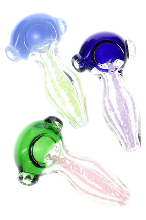 Clear 4″ glass spoon pipe with neon striped handle and single marble grip near the bowl; assorted colors, about 105 g.