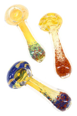 Assorted color-changing striped frit glass hand pipes showing mixed accent colors and speckled handle details