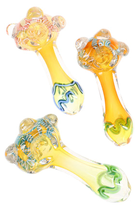 4″ color-changing fumed glass hand pipe with striped accents and a “marble crown” of clear grips around the bowl; assorted colors.