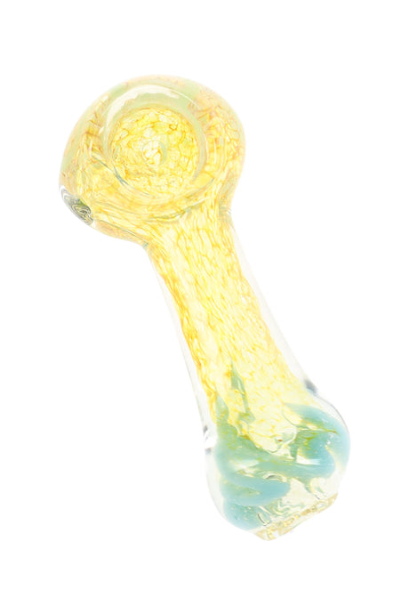 3″ fumed color-changing glass spoon pipe with translucent golden body and aqua mouthpiece accent