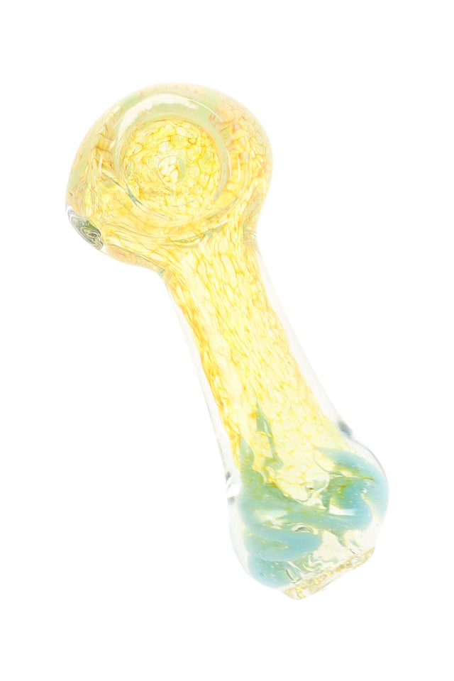 3″ fumed color-changing glass spoon pipe with translucent golden body and aqua mouthpiece accent