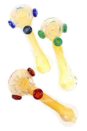 5″ color-changing fumed glass spoon with floral bowl detail, flat mouthpiece, and colorful marble roll-stoppers; assorted colors.