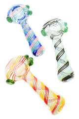 Assorted 4½″ clear glass spoon pipes with multicolor swirl stripes and green marble accents