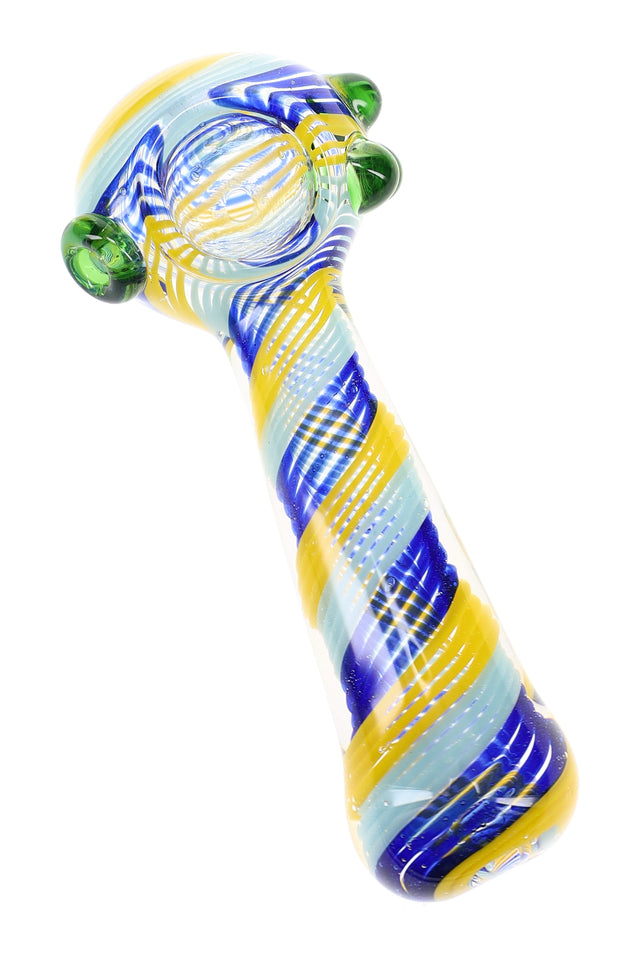 4½″ clear glass spoon pipe with blue, yellow, and light teal swirl stripes shown from an angle