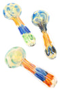 4 inch color changing silver fumed squiggle glass hand pipe with multicolor stripes and thick 80 g spoon shape, shown in assorted patterns