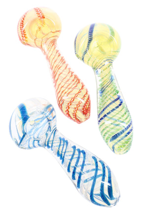 4″ color-changing glass hand pipe with multicolor spiral striping and classic spoon bowl; compact dry-herb piece in assorted colors.