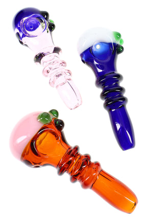 5″ colored glass spoon with stacked ring grip, rounded bowl, and marble accents; assorted colors, about 100 g, sold individually.