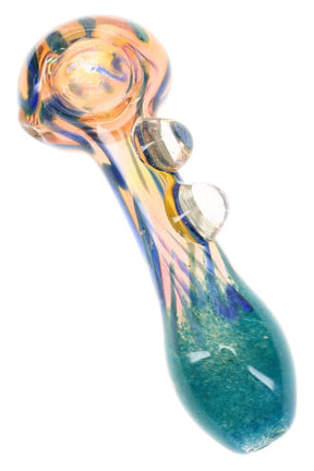 Gold fumed frit glass hand pipe with teal mouthpiece, blue stripes, side marbles, and bubble-dot bowl