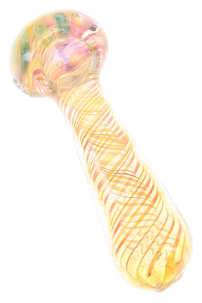 Gold fumed glass hand pipe “Solar Lattice” with amber swirl stripes, rounded bowl and multicolor dot accents