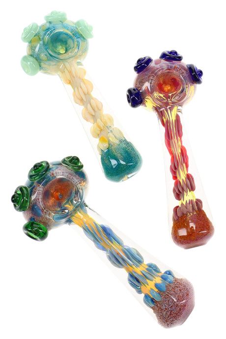 Assorted 5″ silver fumed frit glass spoon pipes with raised dot accents and color-changing bodies