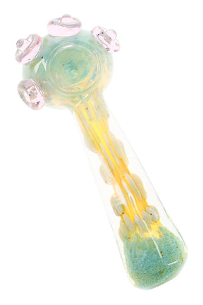 5″ silver fumed frit spoon pipe with pale green and yellow accents plus raised dot details