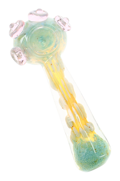 5″ silver fumed frit spoon pipe with pale green and yellow accents plus raised dot details