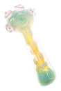 5″ silver fumed frit spoon pipe with pale green and yellow accents plus raised dot details