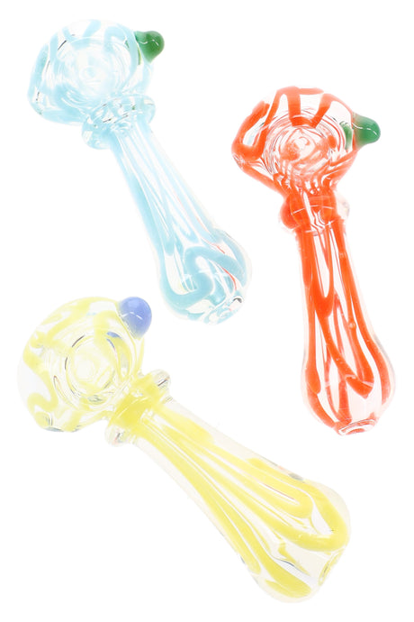 Assorted 4″ clear glass spoon pipes with multicolor ribbon accents, glass rings, and marble carbs