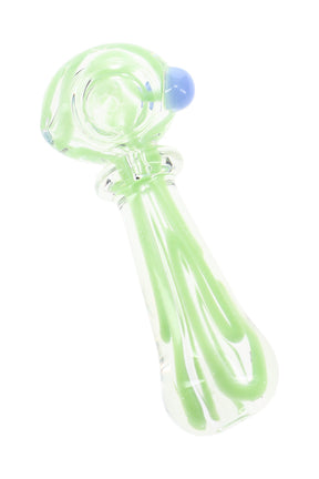 Clear 4″ glass spoon pipe with green ribbon accents, blue marble carb, and glass ring detail