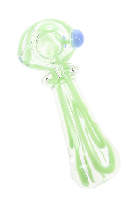 Clear 4″ glass spoon pipe with green ribbon accents, blue marble carb, and glass ring detail