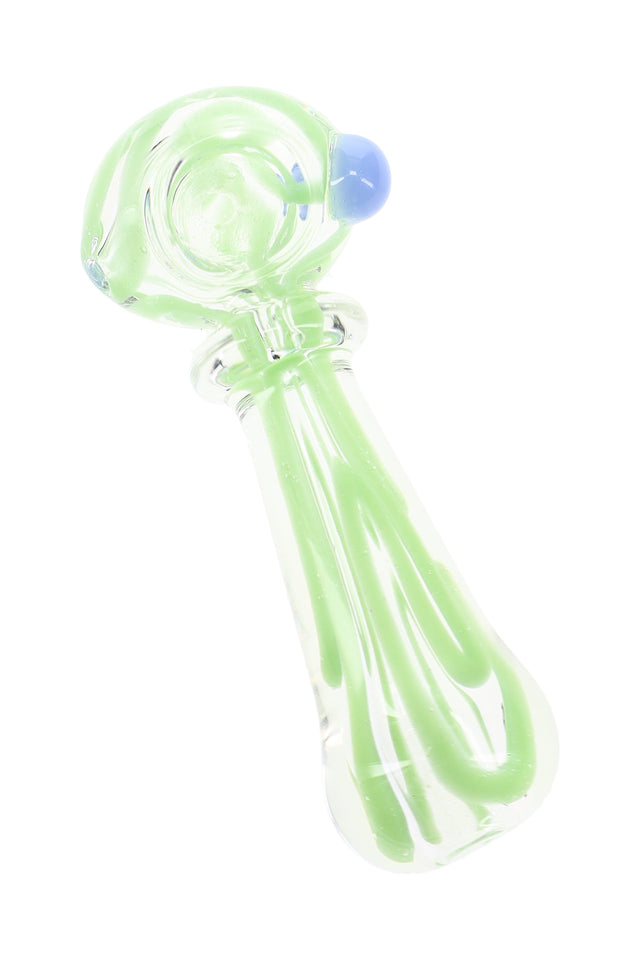 Clear 4″ glass spoon pipe with green ribbon accents, blue marble carb, and glass ring detail