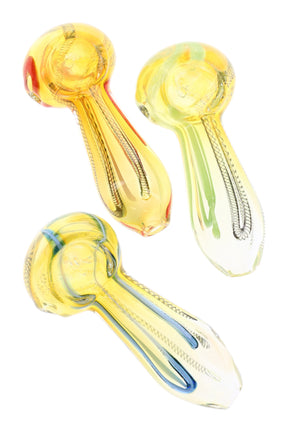 Set of 3-inch color-changing glass hand pipes with striped stems, assorted yellow, green and blue tones on white background