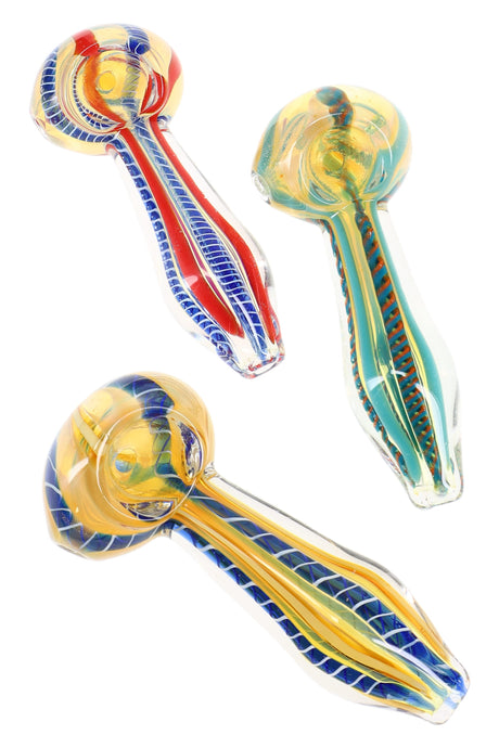 Three assorted color-changing glass hand pipes with ribbon stripe accents in red/blue, teal, and yellow tones