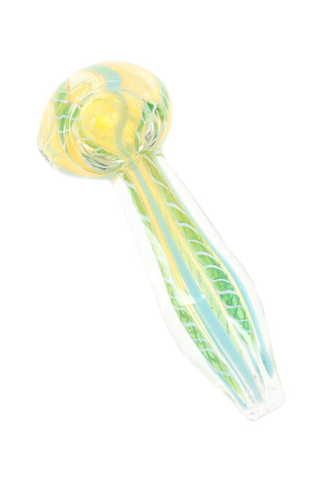 Color-changing glass hand pipe with pale green and yellow swirl striping and smooth rounded bowl, compact size