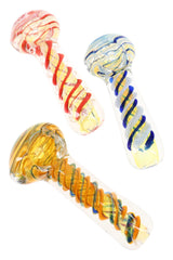 Assorted color-changing swirl stripe glass hand pipes in red, blue, and amber tones with raised wrap detailing