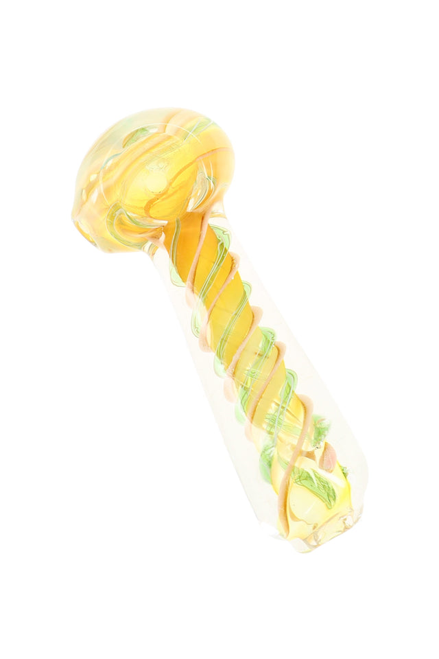 Multicolor swirl-striped color-changing glass spoon pipe with wrapped handle accent and rounded bowl, assorted colors