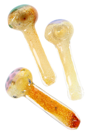4½″ gold-fumed frit glass spoon with color-changing body and rounded bowl; assorted top colors, about 115 g, sold individually.