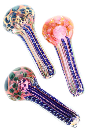 Color-changing gold-fumed glass spoon, 4″ with striped stem and raised dot bowl accents; assorted colors, about 95 g, sold individually.