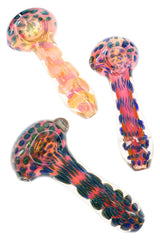 Assorted gold fumed glass spoon pipes with dotted bowls, spiral stripes, and color-changing finishes
