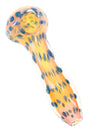 Gold fumed glass spoon pipe with orange body, blue dotted accents, spiral stripes, bowl, and side carb