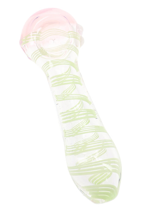 Clear glass spoon pipe with pale green swirl stripes, pink bowl, and rounded marble accents