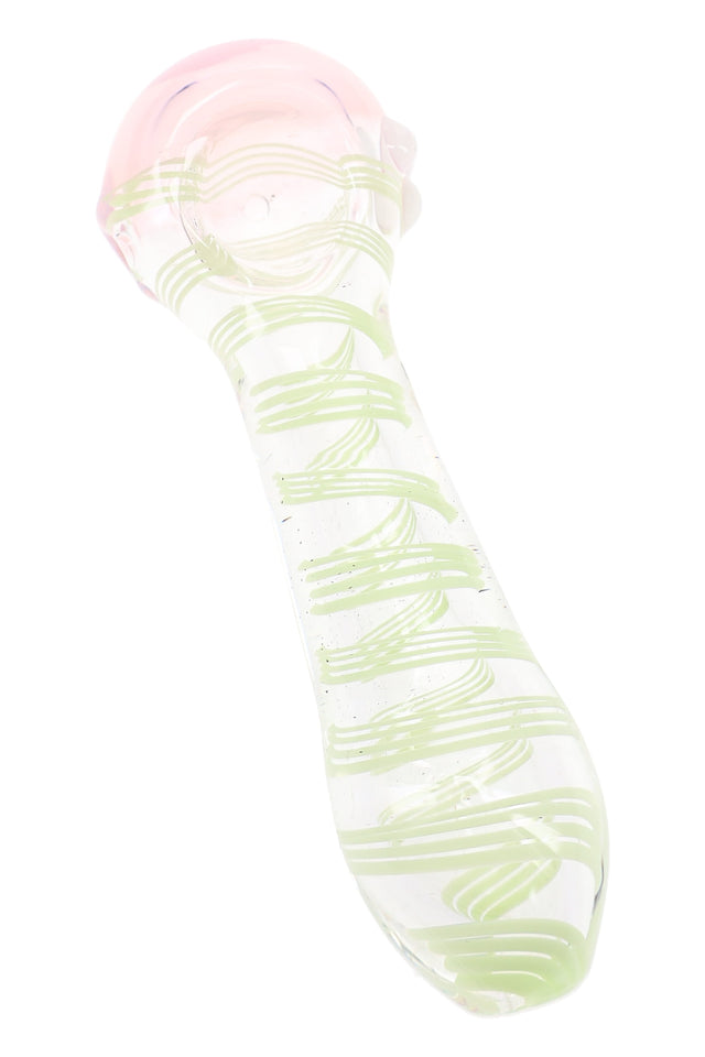 Clear glass spoon pipe with pale green swirl stripes, pink bowl, and rounded marble accents